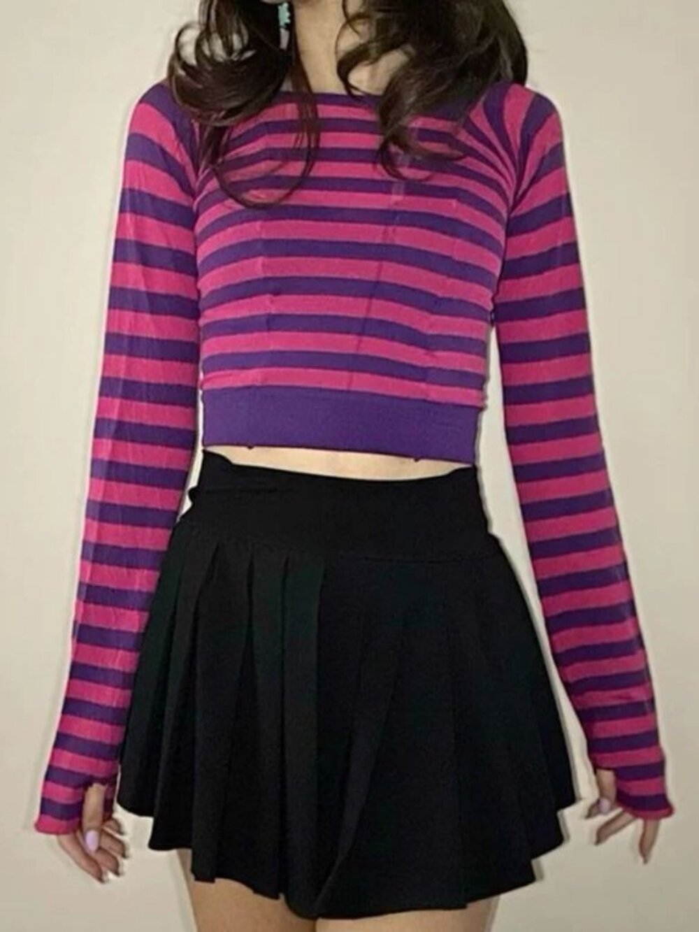 Y2K Gothic Striped Long Sleeve Crop Top Purple Pink Crew Neck Grunge Tee